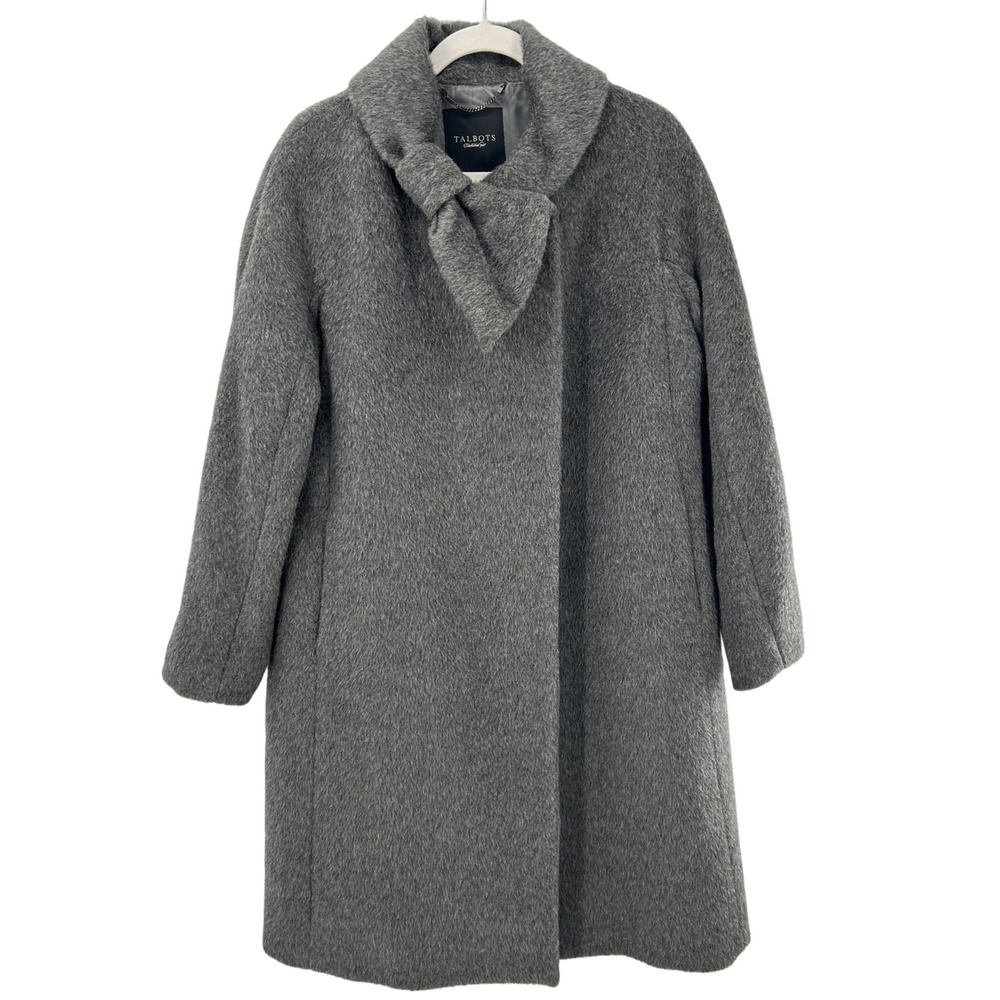 Talbots Womens Grey Wool Alpaca Bow Collar Long Trech Coat Size 10 Twee Luxury